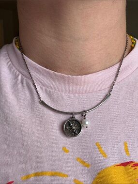 James Avery Silver Compass Pendant Necklace with Pearl Charm